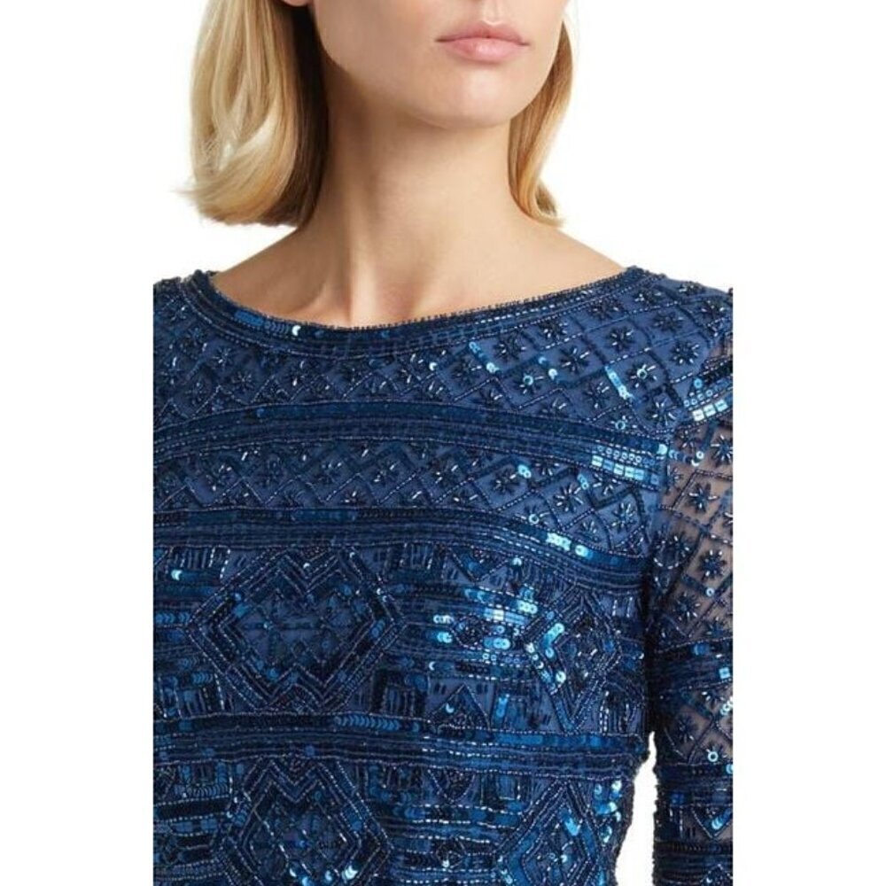 PISARRO NIGHTS Beaded Tie Waist Taffeta Gown in Denim 427 Size US 6 NWT - Picture 4 of 10